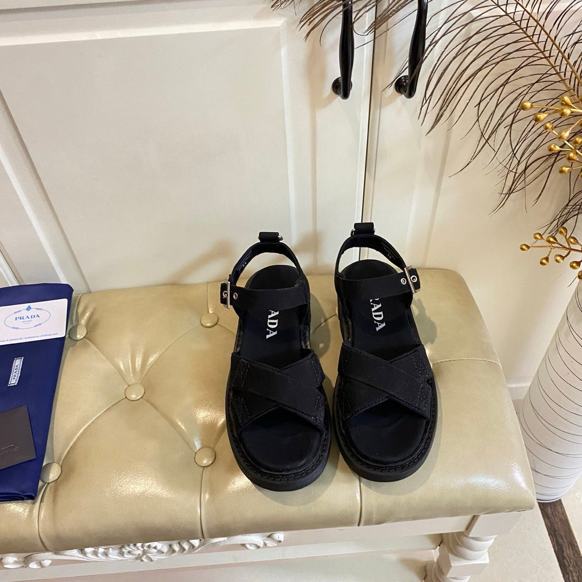 Prada Criss-Cross Sandal Black Canvas 687803
