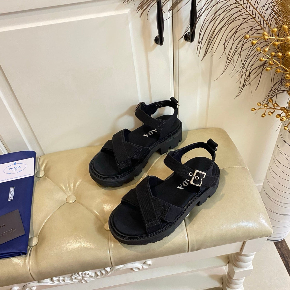 Prada Criss-Cross Sandal Black Canvas 687803