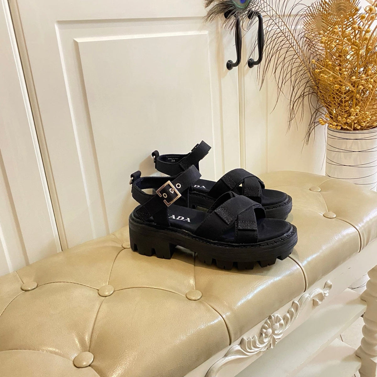 Prada Criss-Cross Sandal Black Canvas 687803
