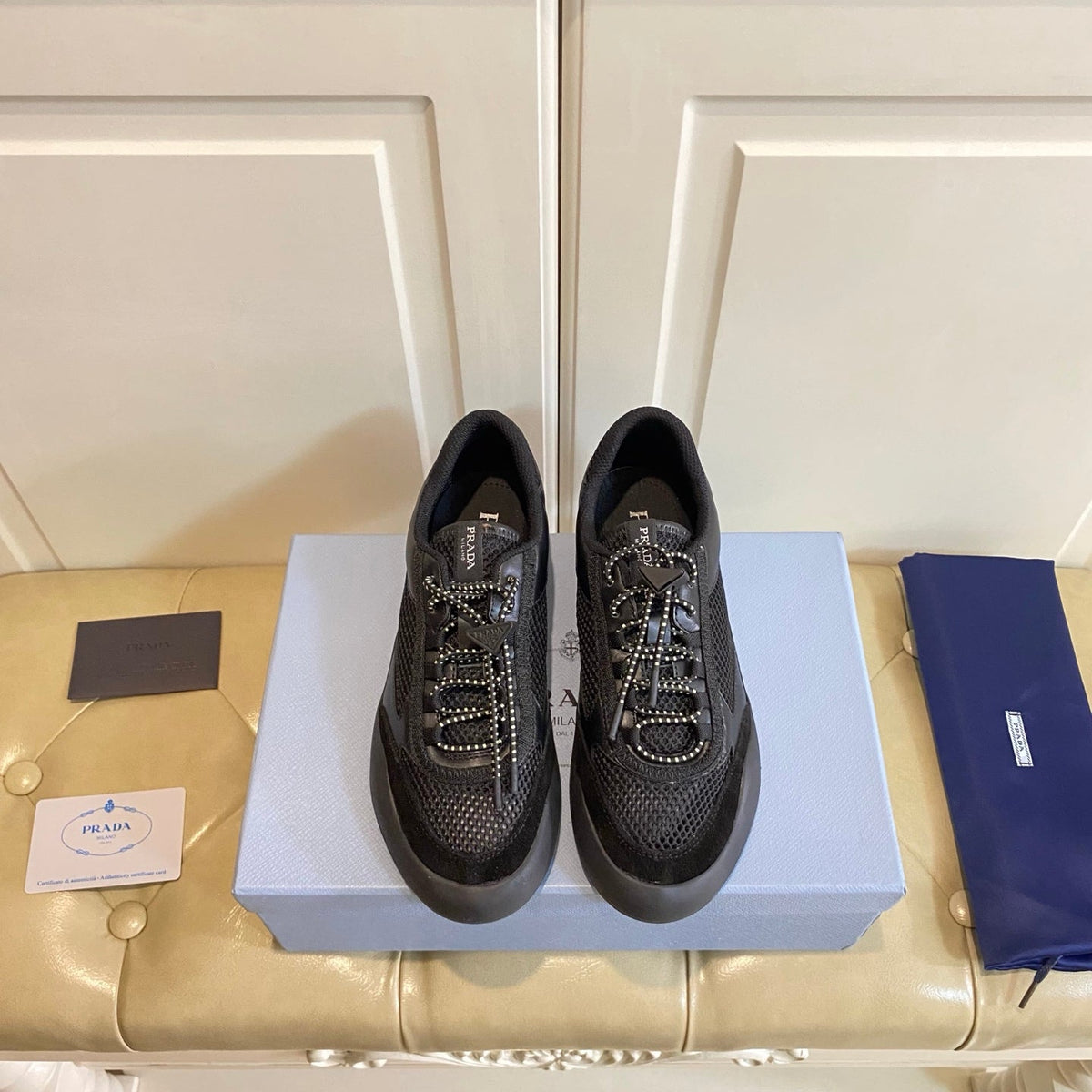 Prada 26s Lace Up Sneakers Chunky Sole In Black Tech Fabric And Mesh