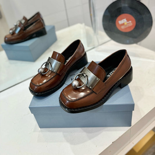 Prada 26s Ball Chain Loafers Brown Brushed Leather 941514