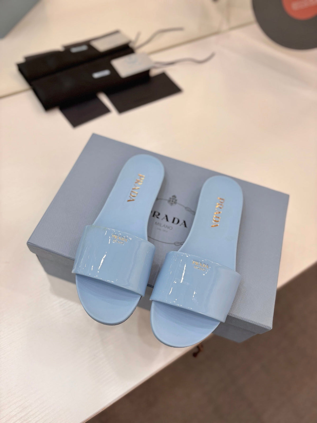 Prada Slides Blue Patent Leather 834593