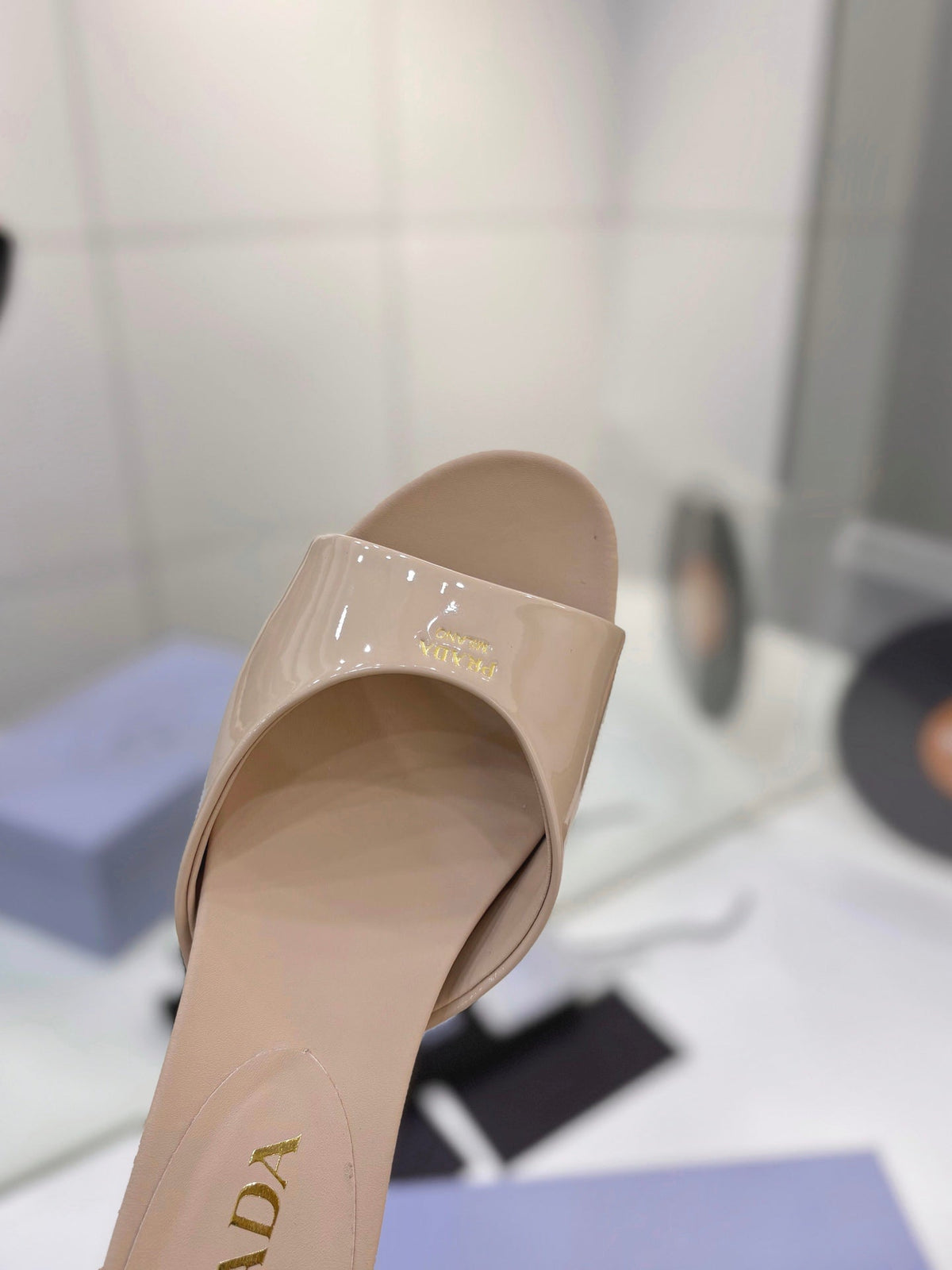 Prada Kitten Heel Sandals 4cm Beige Patent Leather 834583