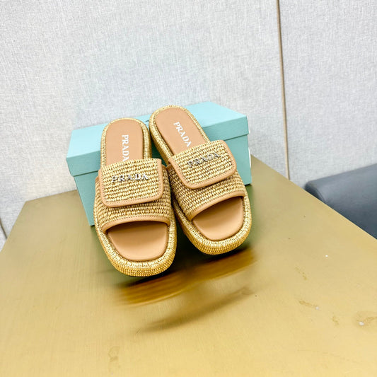 PRA CROCHET SLIDES SLIPPERS BEIGE RAFFIA