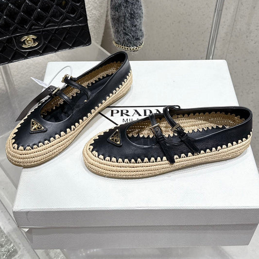 Pra 2025 Ballet Flat Black Beige Cowhide Woven 554289