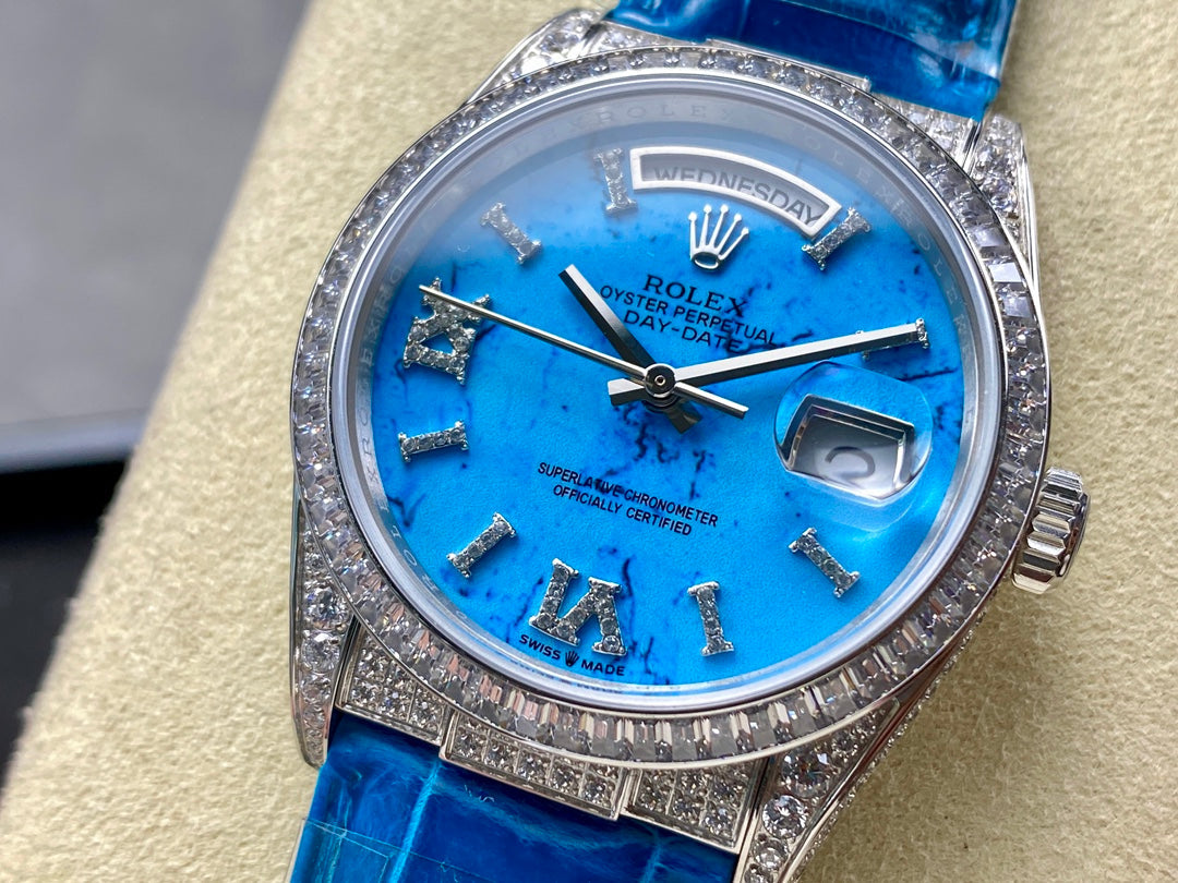 ROLEX Day-Date 36mm Diamond Blue Leather