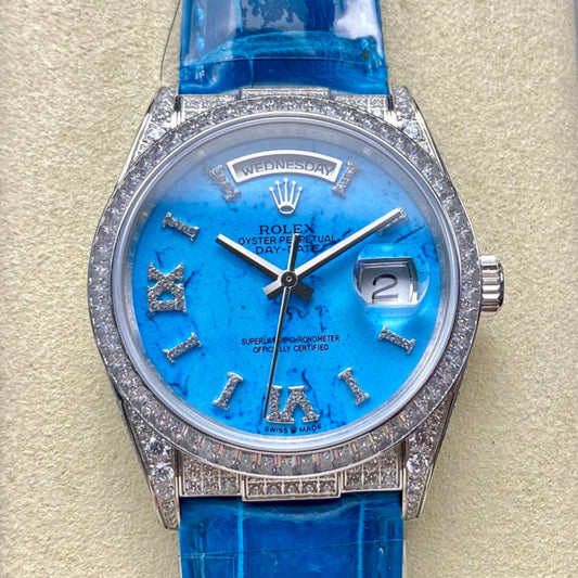 ROLEX Day-Date 36mm Diamond Blue Leather