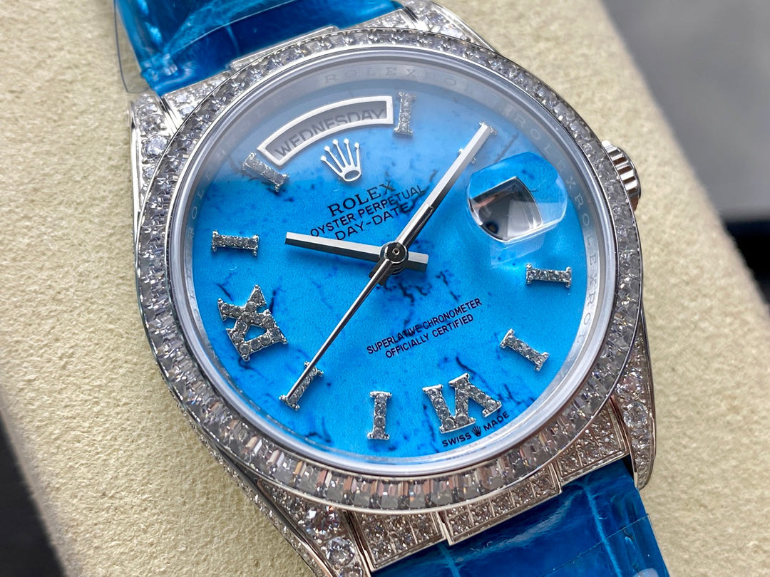 ROLEX Day-Date 36mm Diamond Blue Leather