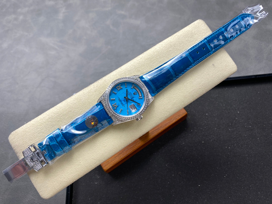 ROLEX Day-Date 36mm Diamond Blue Leather