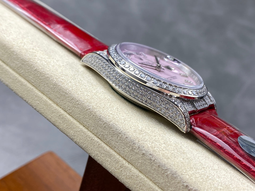ROLEX Day-Date 36mm Diamond Red Leather Pink Dial