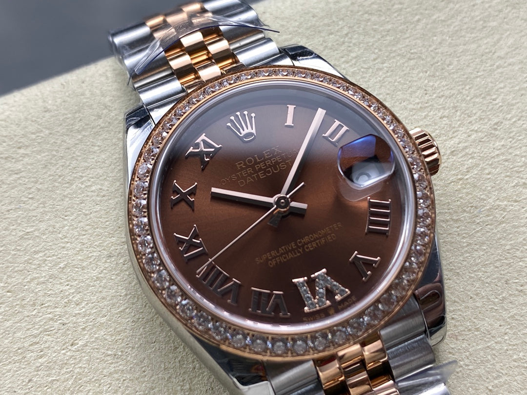 Datejust 31mm Pink Gold Steel Diamond Bezel Chocolate Dial
