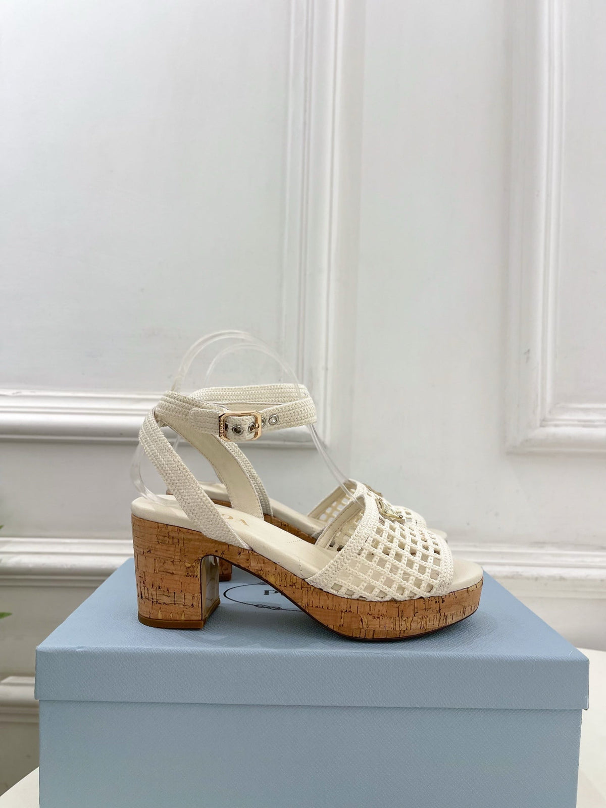 Prada Crochet Cork Platform Sandals 7cm White Crochet 947376