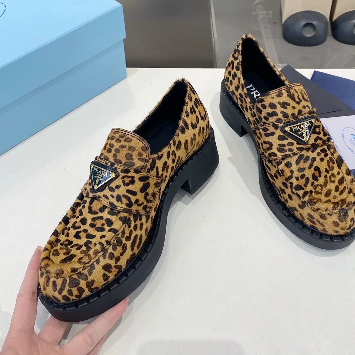 PRA 26S Platform Loafers Black Brown Leopard Leather 628562