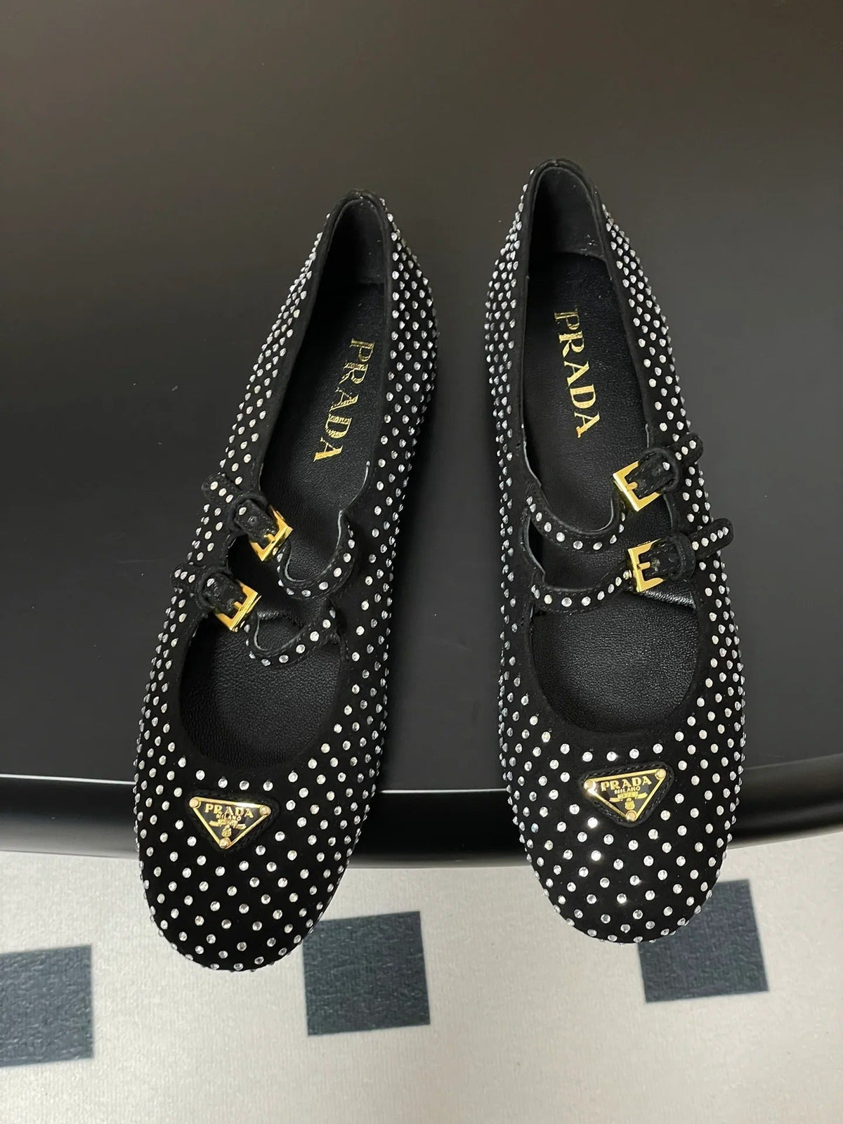 Prada 2025 Triangle Logo Rhinestone Ballet Flat Black Suede Sheepskin 247822